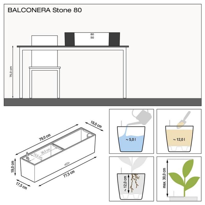Balconera Stone 80 'Quartz White', Lechuza Balkongkasse