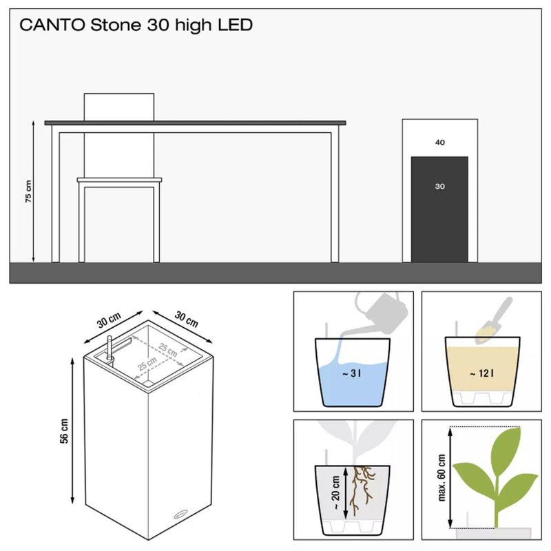 Canto Stone 30 High LED, Lechuza Blomsterpotte